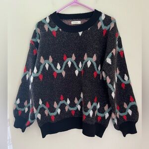 And The Why Christmas Lights Garland Pullover Sweater Women’s S/M Black Fuzzy